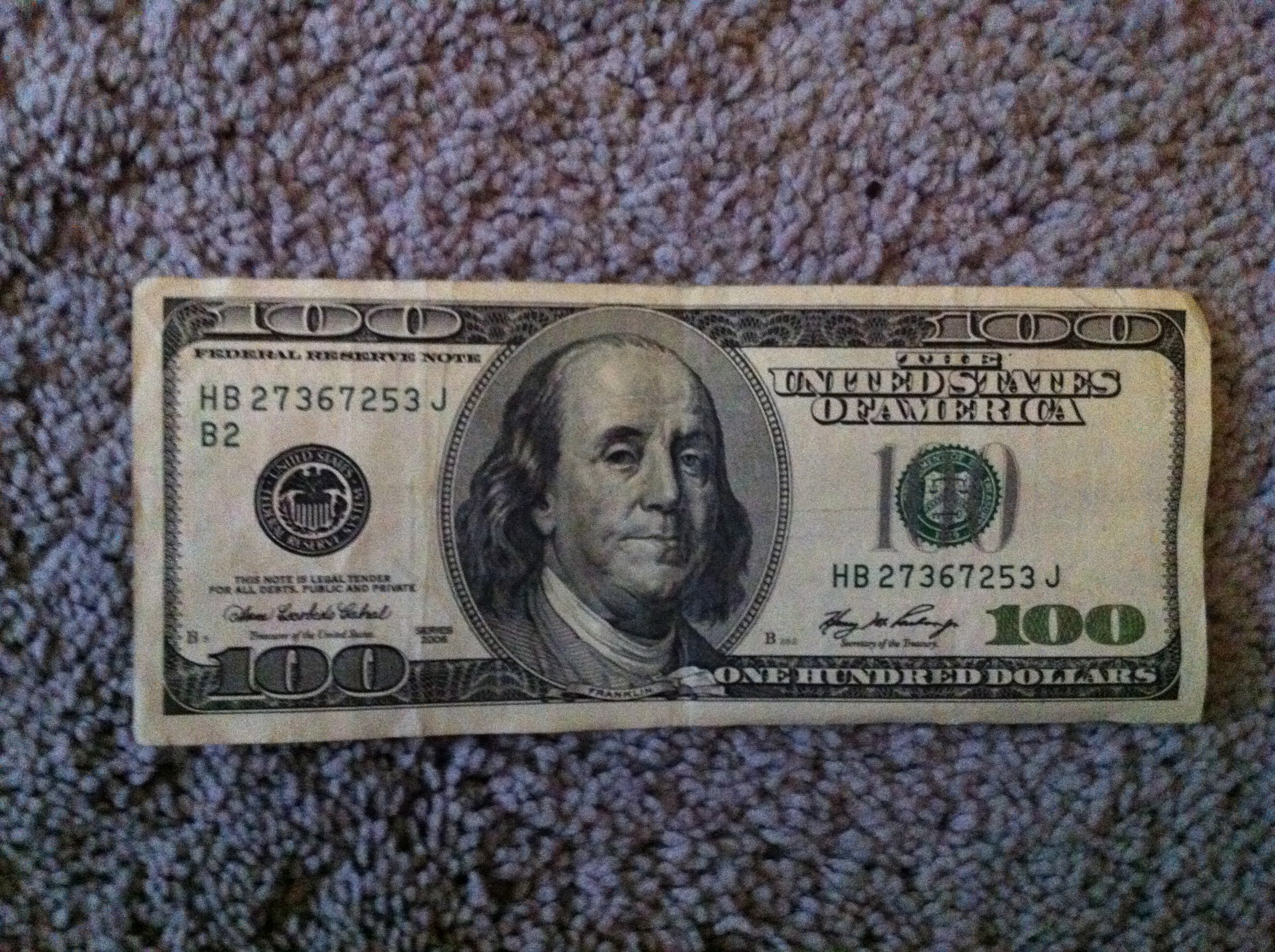 This is a pic of the $100 bill I found. It didn't occur to me at the time to take a picture of it with ME IN IT, so you're just going to take my word for it when I tell you that that's my grey carpet, OK?